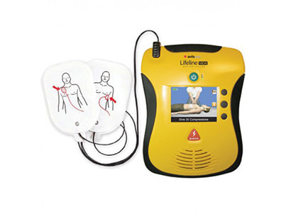 A yellow aed device with a camera and a monitor