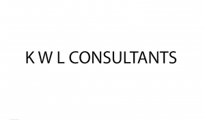 A banner of kwl consultants in black and white
