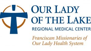 A logo of our lady of the lake in blue