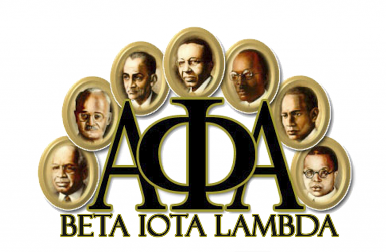 A logo of beta iota lamdba with several faces on it